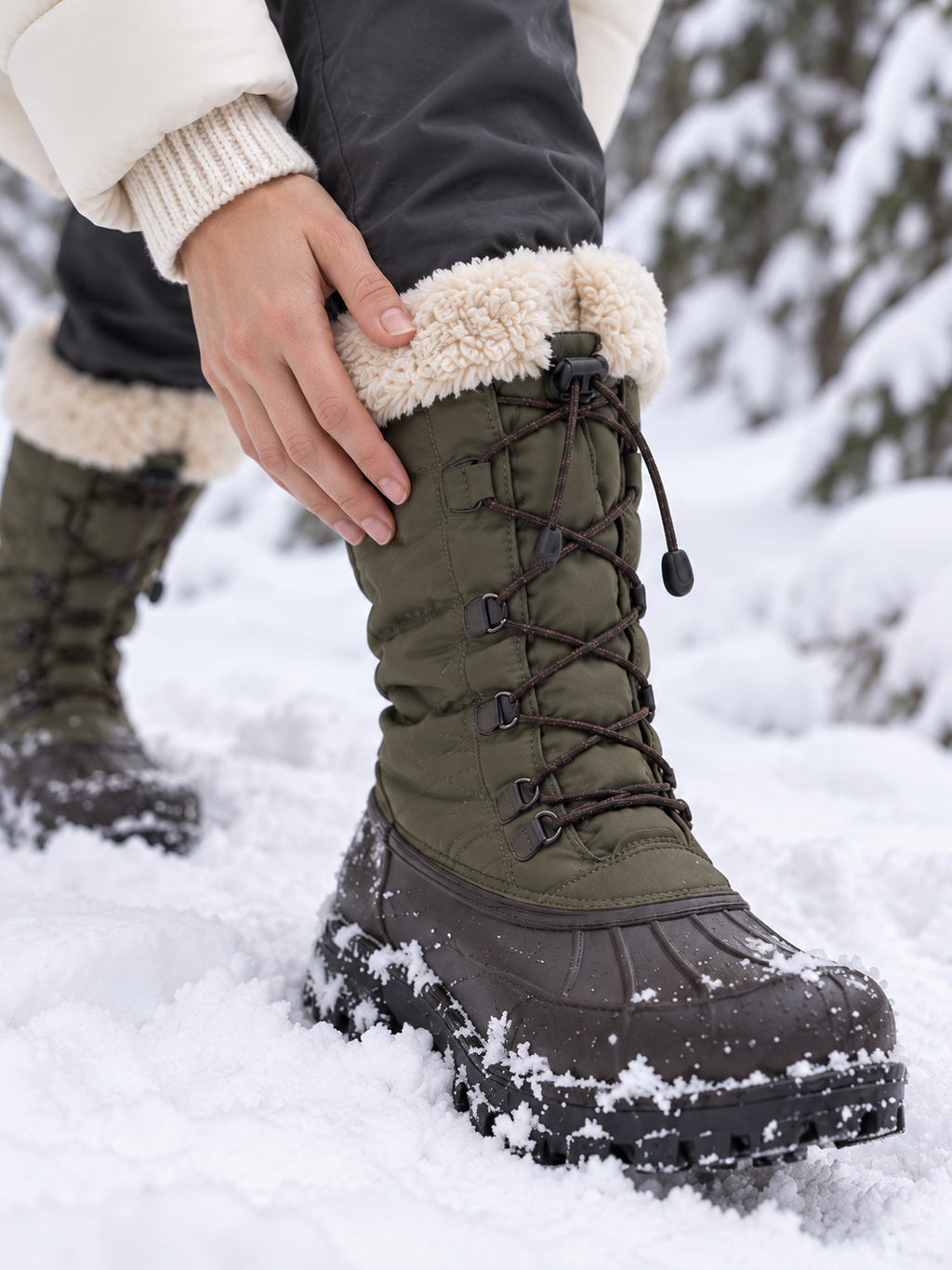 Frida Gefütterte Schneestiefel mit Gummischale Olivgrün - Detail Futter und Material