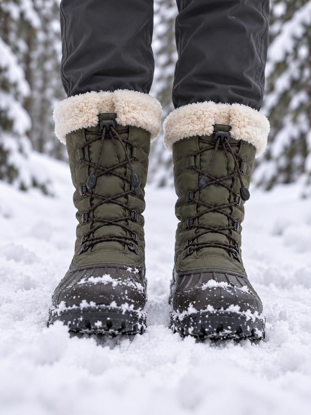 Frida Gefütterte Schneestiefel mit Gummischale Olivgrün - Nahaufnahme vorne