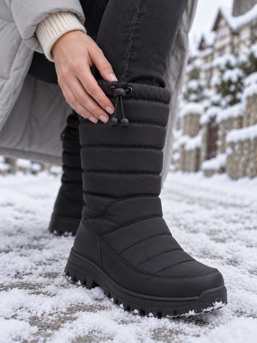 Saga Gesteppte Schneestiefel Schwarz - Detail Futter und Material
