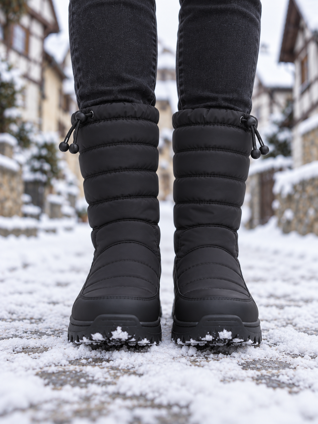 Saga Gesteppte Schneestiefel Schwarz - Nahaufnahme vorne