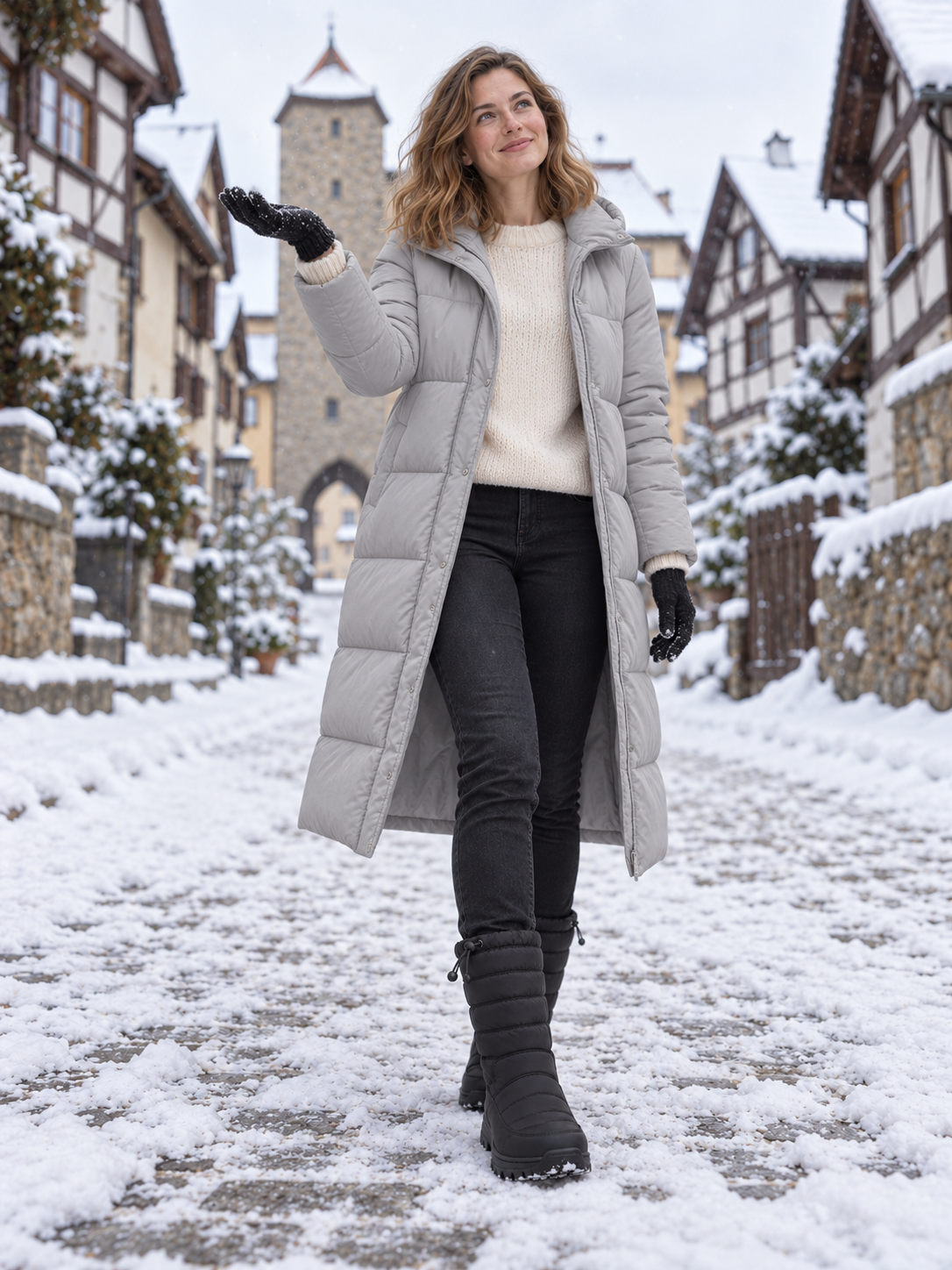 Saga Gesteppte Schneestiefel Schwarz - Ganzkörperansicht