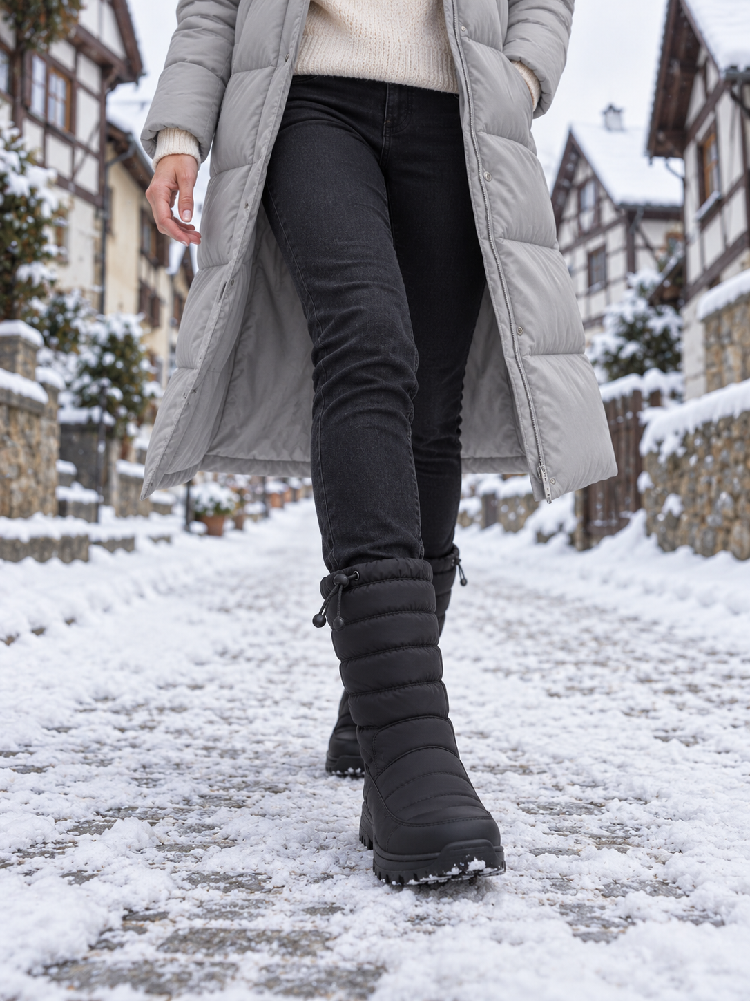 Saga Gesteppte Schneestiefel Schwarz - Ansicht schräg vorne getragen