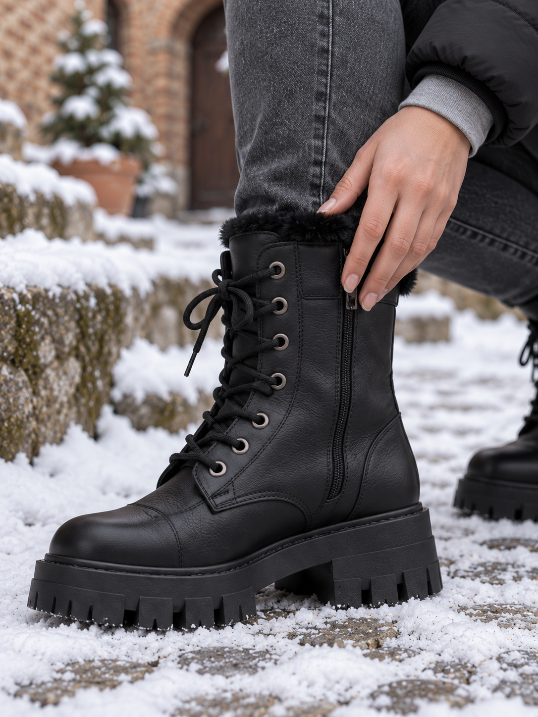 Ylva Gefütterte Combat Boots Schwarz - Detail Futter und Material