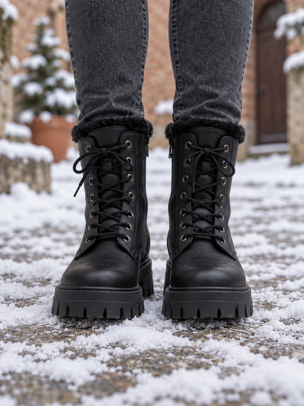 Ylva Gefütterte Combat Boots Schwarz - Nahaufnahme vorne